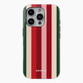 A protective Christmas phone case with vertical stripes in dark green, cream, red, and pink, featuring a silver camera cutout and the brand name 'BRINDLY' printed in white at the bottom.